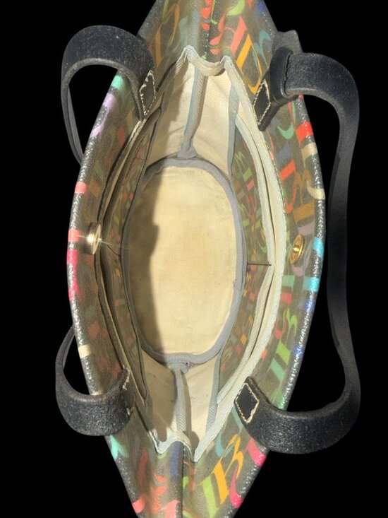 VTG Dooney & Bourke Rainbow Monogram Drawstring Tote B6877932 Black Leather 80s - Picture 7 of 9